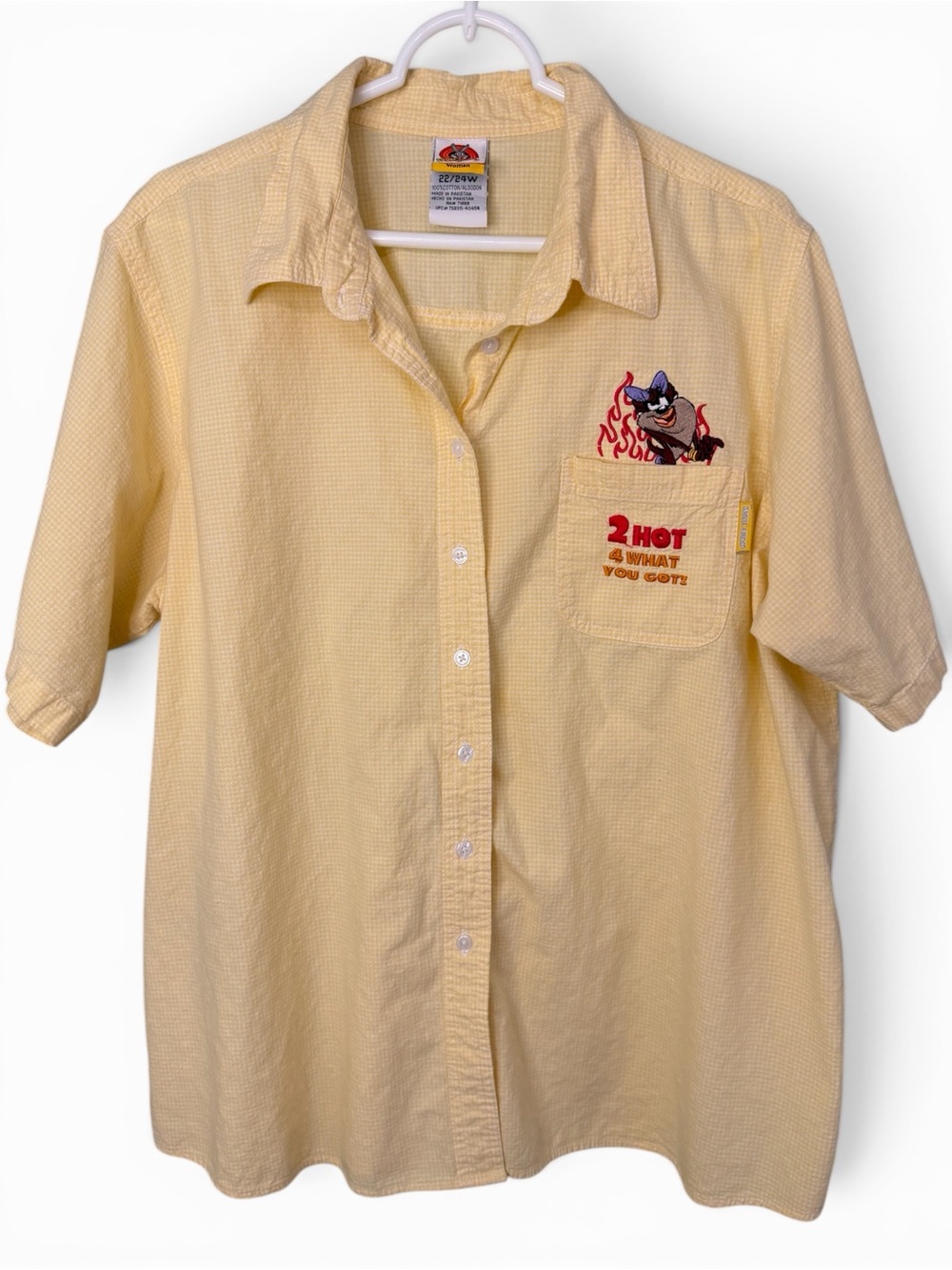 Vintage Looney Tunes Taz 2 Hot 4 What You Got Yellow Gingham Button Shirt 22/24W